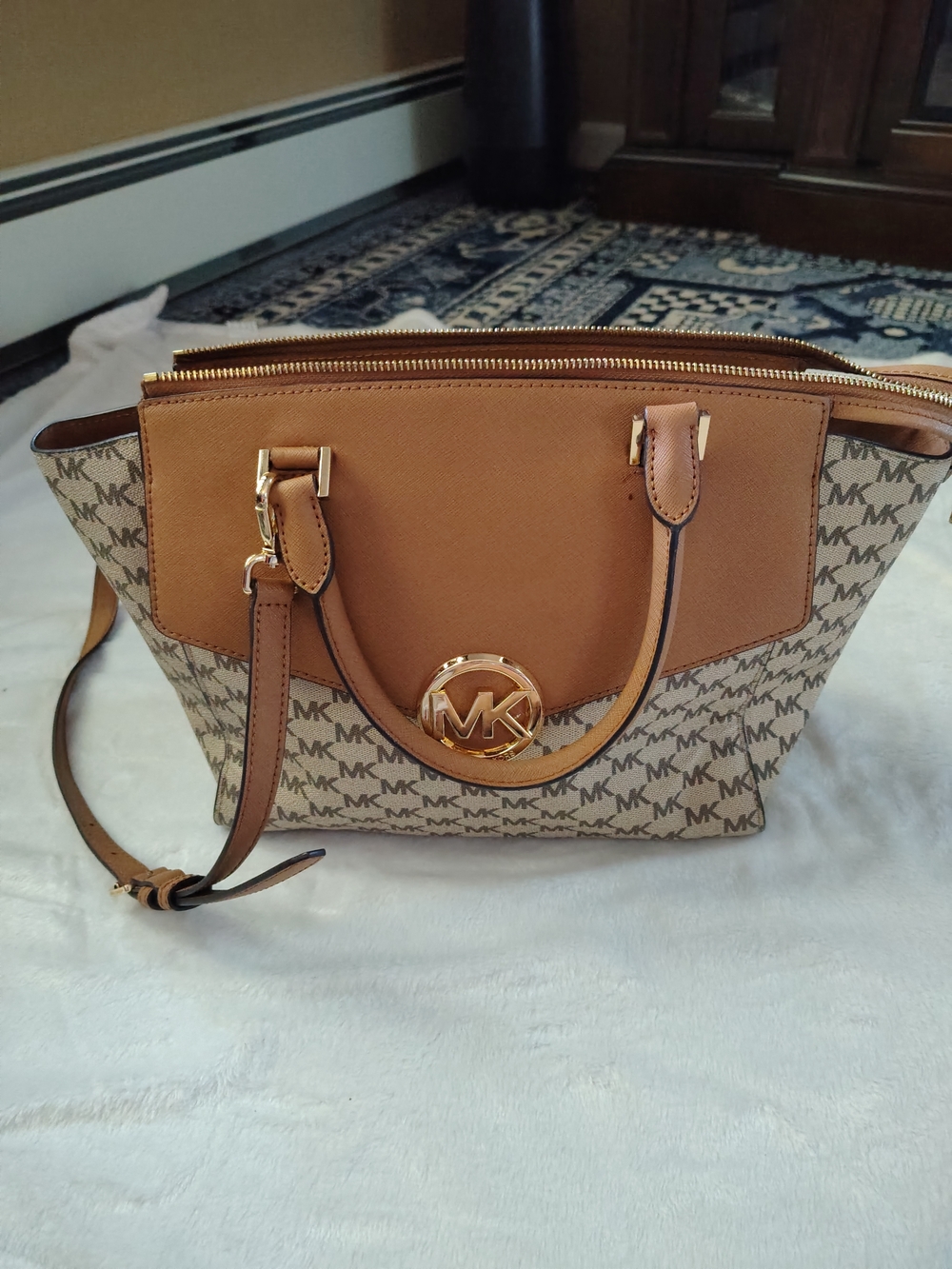 Michael Kors Brown Logo-Print Satchel with Gold MK Charm